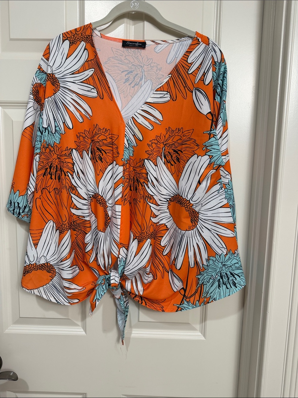 Sussan Orange Floral Tie-Front V-Neck Blouse